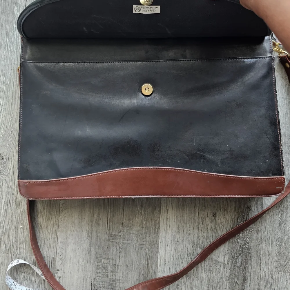 Vintage 1970s Brown Black Leather Briefcase Craftmanship Some Wear Gold Shield
